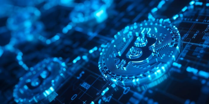 Bitcoin shiners laid over circuit board. Neural network generated image. Not based on any actual person or scene.