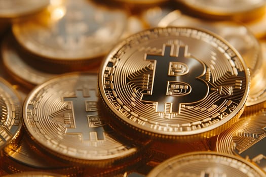 Golden bitcoin shiners closeup full-frame background. Neural network generated image. Not based on any actual person or scene.