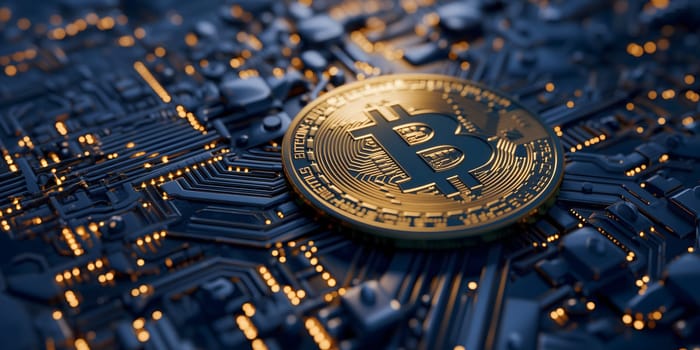 Bitcoin shiner laid over circuit board. Neural network generated image. Not based on any actual person or scene.