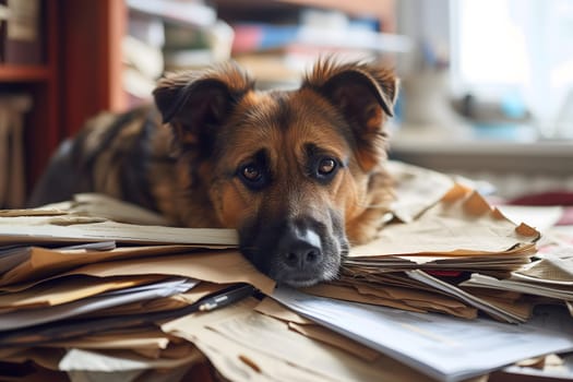 dog in an office, overwhelmed by a mountains of paperwork. Neural network generated in January 2024. Not based on any actual scene or pattern.