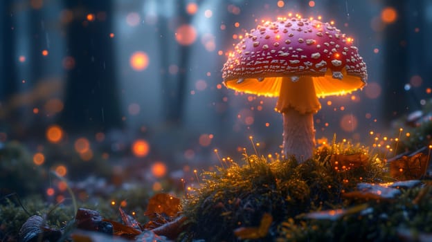 Magical mushroom in fantasy enchanted fairy tale forest. Neural network generated in January 2024. Not based on any actual scene or pattern.