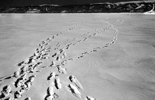 Winter on the Baikal, ice and snow on the lake. The beauty of the nature of Baikal in winter.