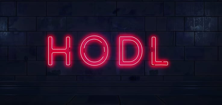 Neon inscription HODL on dark shabby wall. Neural network generated image. Not based on any actual scene or pattern.