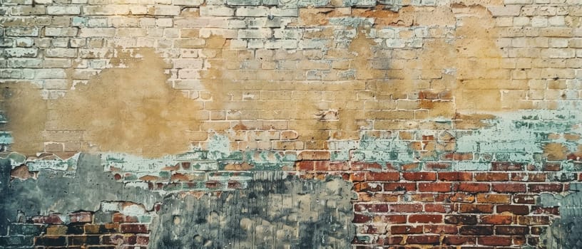 An expansive brick wall painted by time with a palette of fading colors, blending from terracotta reds to muted greens. The wall displays a collage of wear and repair, telling stories of the past