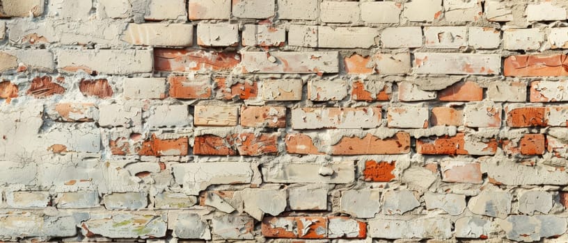 Aged brick wall showcasing a tapestry of decay and time, with peeling plaster revealing the rustic red bricks beneath. This wall's texture is a testament to its long history