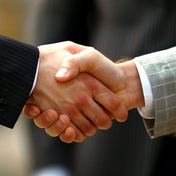 Close-up of two professionals in suits shaking hands indoors with natural light. Good deal