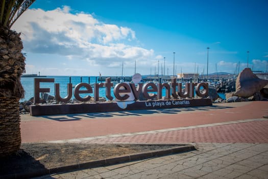 Puerto del Rosario, Spain, February 16th 2024: View on Fuerteventura sign in the harbor of Puerto del Rosario on the Canary Islands