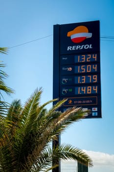 Puerto Del Rosario, Spain, February 16th 2024: View on Repsol gas station fuel prices