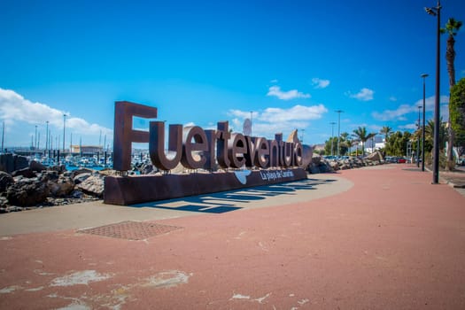 Puerto del Rosario, Spain, February 16th 2024: View on Fuerteventura sign in the harbor of Puerto del Rosario on the Canary Islands