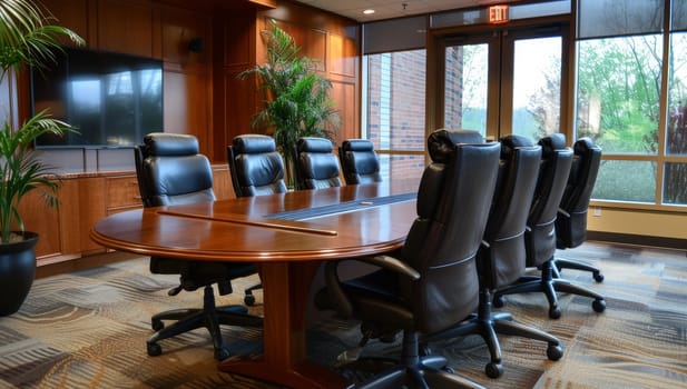 Interior of a modern conference room with wooden table and black chairs
