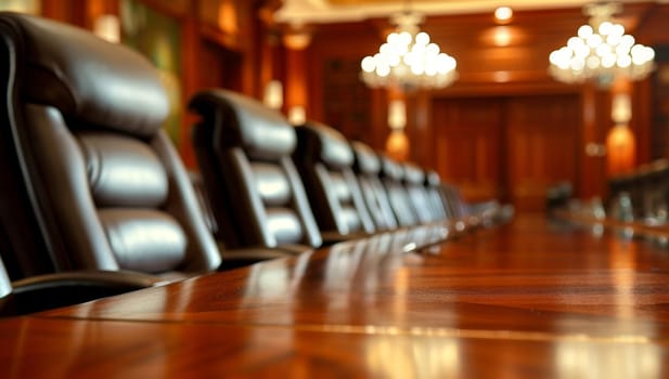 Empty conference room with black chairs and ceiling light.