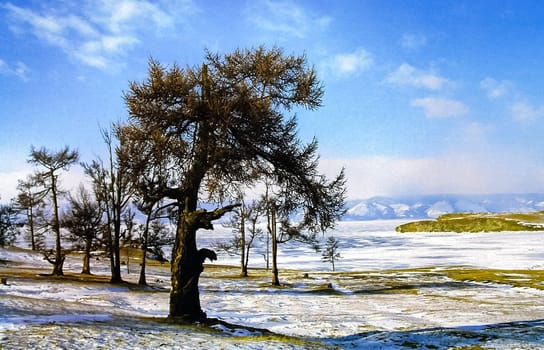 Winter on the Baikal, ice and snow on the lake. The beauty of the nature of Baikal in winter.