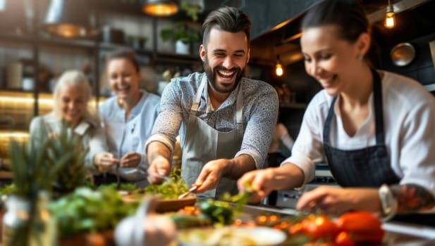 Family preparing a meal together in a modern kitchen
