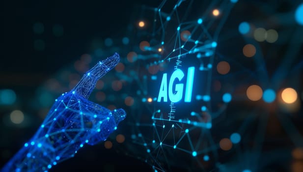 Digital hand reaching towards AGI amidst a network of glowing nodes