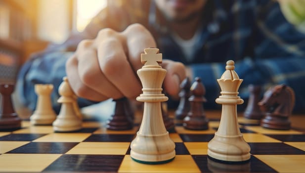 Close up of man playing chess. Concept of business strategy and competition.