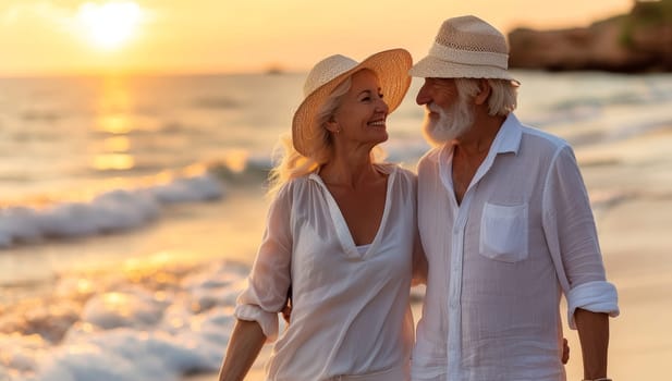Senior couple enjoys a sunset walk on the beach