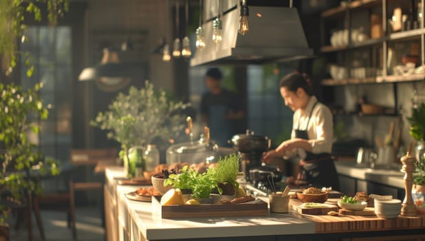 Restaurant staff preparing a meal in the morning