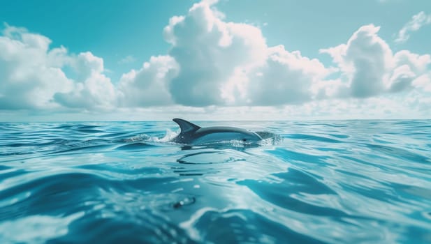 Dolphin leaping in bright blue ocean under white clouds