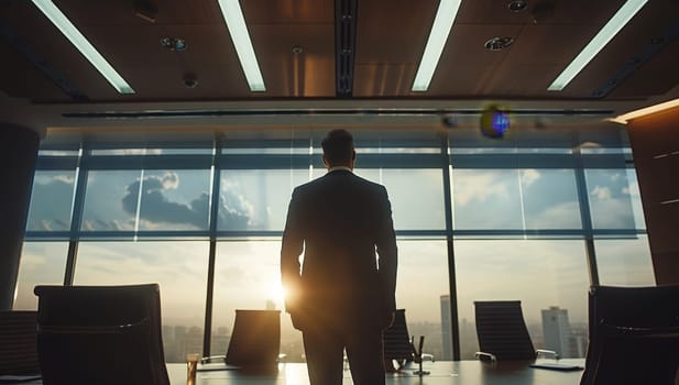 Rear view of a businessman standing in a modern office and looking out the window