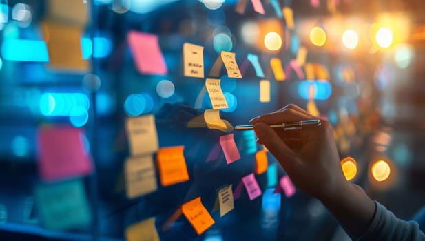 Businesswoman working with sticky notes on glass wall in office, closeup