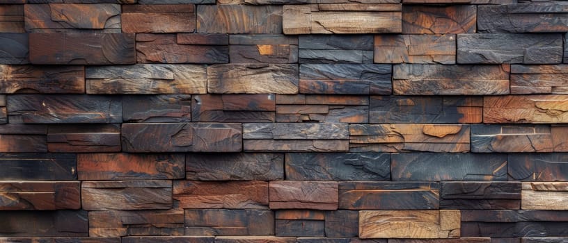 An artful wall design crafted from blocks of wood in various tones creates a mesmerizing geometric pattern, marrying nature's beauty with human craftsmanship