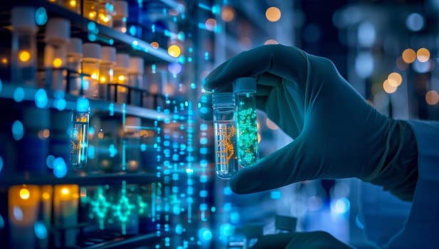Laboratory research and development concept. Close up of scientist hands holding test tube in laboratory.