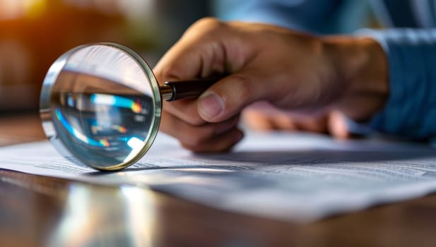 Close-up Of Businessman's Hand Analyzing Document Through Magnifying Glass