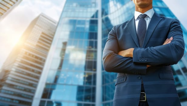 businessman standing with crossed arms on the background of modern office building