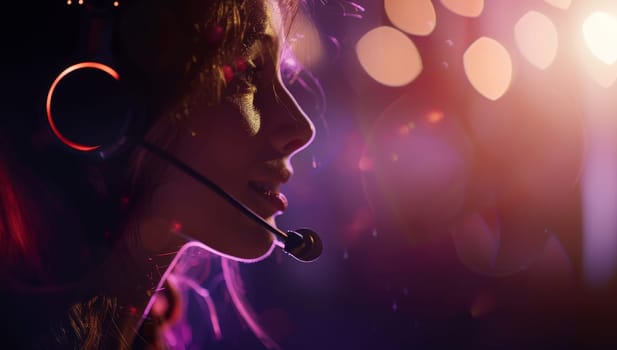Portrait of a beautiful girl with headphones listening to music in the nightclub