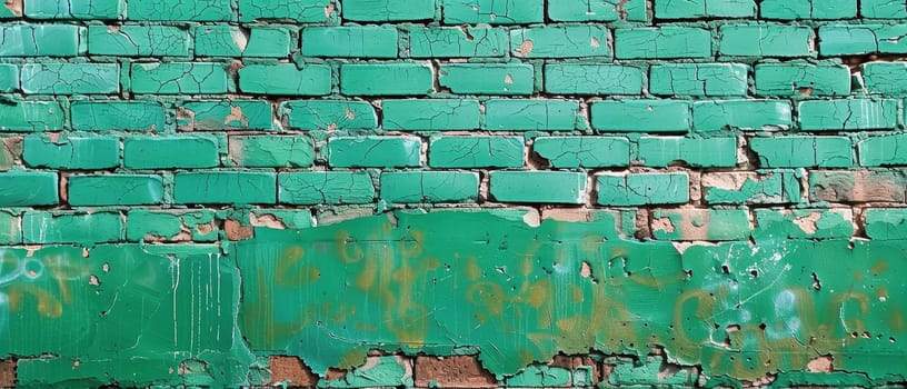 The vibrant green paint on a brick wall peels under the sun, revealing layers of urban stories and the textures of time