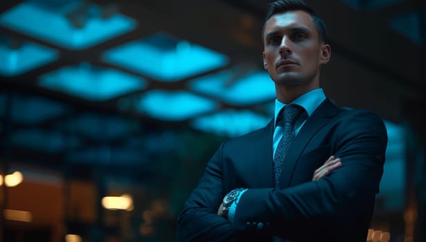 Confident businessman stands arms crossed at night