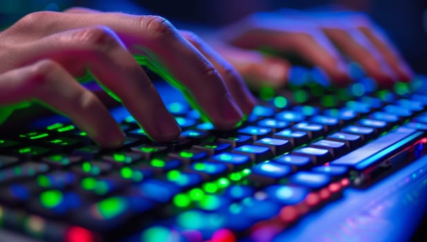 Hands swiftly typing on a colorful illuminated gaming keyboard
