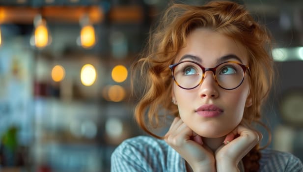 Portrait of a beautiful young woman with glasses in a cafe.