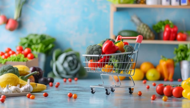 Shopping cart with fresh vegetables on table in kitchen, closeup