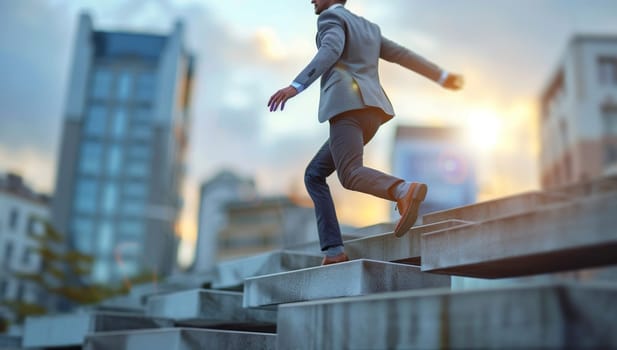 Businessman running up stairs in the city at sunset.