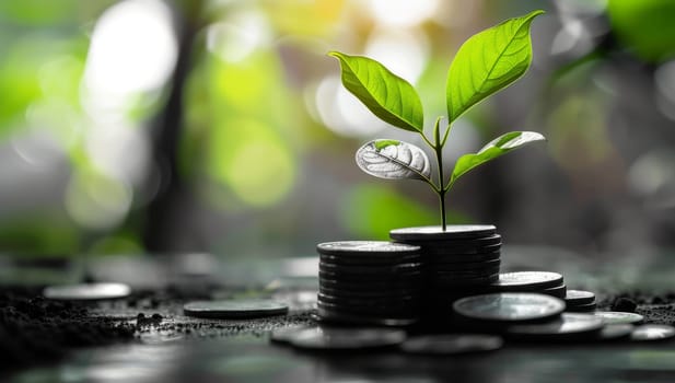 Plant growing on coins with bokeh background, business and finance concept