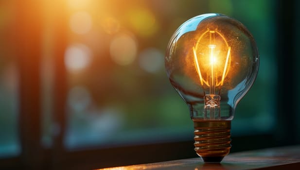 Glowing light bulb on the wooden table with nature bokeh background