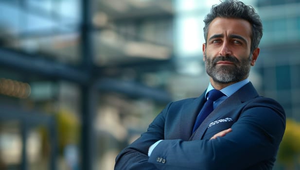 Portrait of a confident businessman standing with arms crossed in front of office building