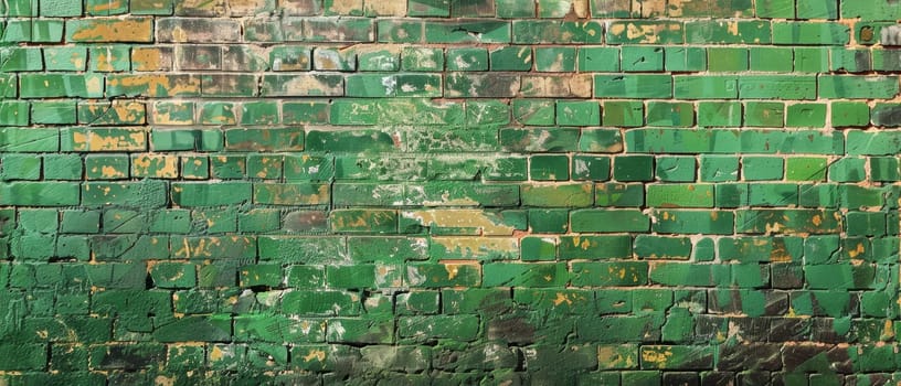 The vibrant green paint on a brick wall peels under the sun, revealing layers of urban stories and the textures of time