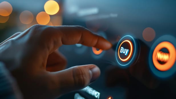 Man pressing illuminated buy button on car dashboard
