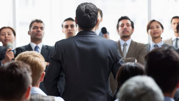 Rear view of businessman standing in front of his colleagues during seminar