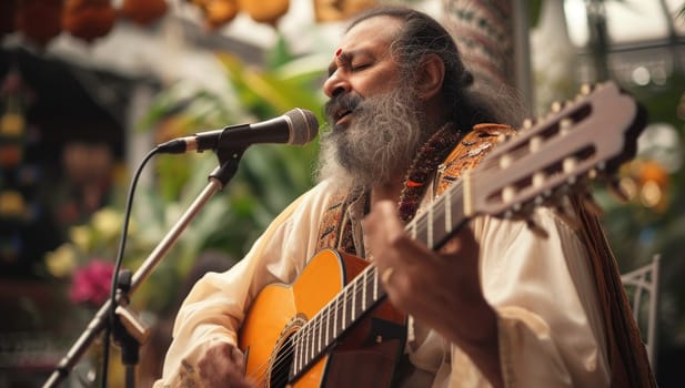 Portrait of an old man with a long gray beard playing the guitar