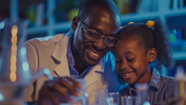 Father and daughter exploring science in a laboratory