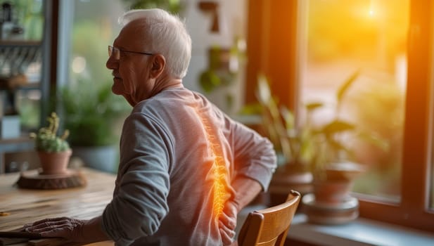 Senior man suffering from back pain while sitting at table in cafe.