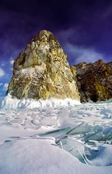 Winter on the Baikal, ice and snow on the lake. The beauty of the nature of Baikal in winter.