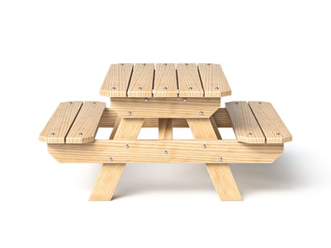 Wooden picnic table Front view 3D rendering illustration isolated on white background