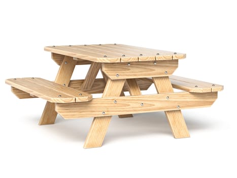 Wooden picnic table Side view 3D rendering illustration isolated on white background