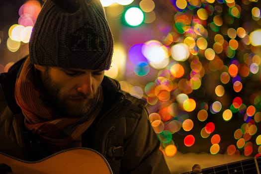 A man is sitting in front of a decorated Christmas tree, strumming a guitar. The man appears focused as he plays the music, creating a festive atmosphere.