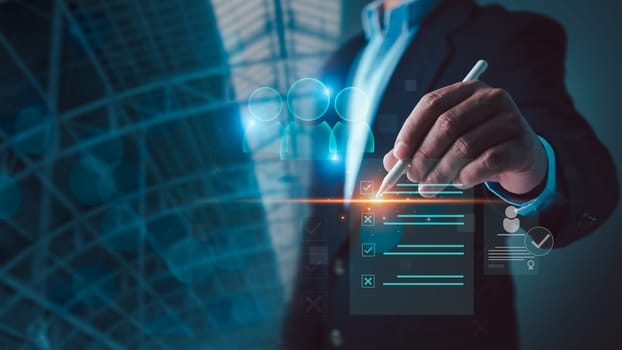 Hr, HRM, Human resources management concept, Check resume, Screening employee information, job applicants, Employees must complete the online survey form, Checklist for employment.