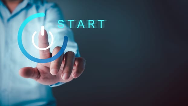 Startup business concept, Businessman hand pressing the start button, The Startup concept plan development business project digital technology idea of leadership, strategy Startup growth.